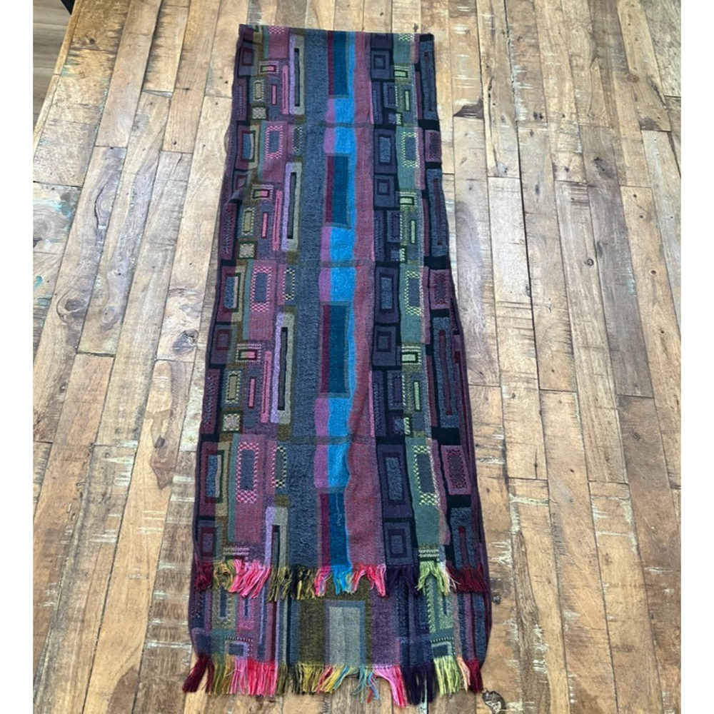Tickled Pink Colorful Scarf 73" Geometric Block Pattern Fringe Boho